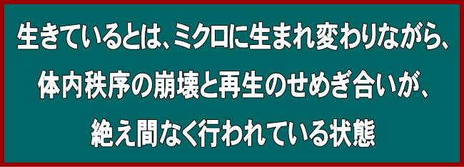 生きているとは、ミクロに生まれ変わりながら、体内秩序の崩壊と再生のせめぎ合いが、絶え間なく行われている状態