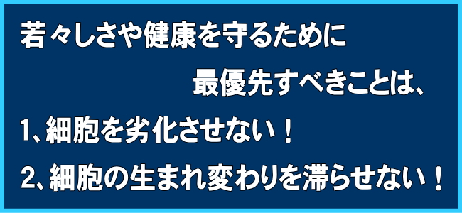 若々しさや健康を守るために最優先すべきことは、1、細胞を劣化させない!2、細胞の生まれ変わりを滞らせない!